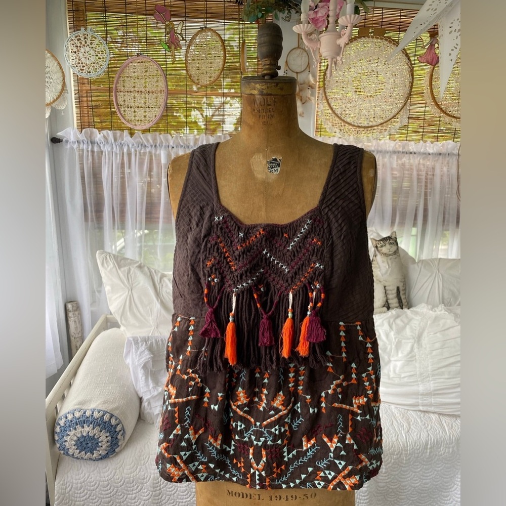 Anthropologie Boho tassel blouse